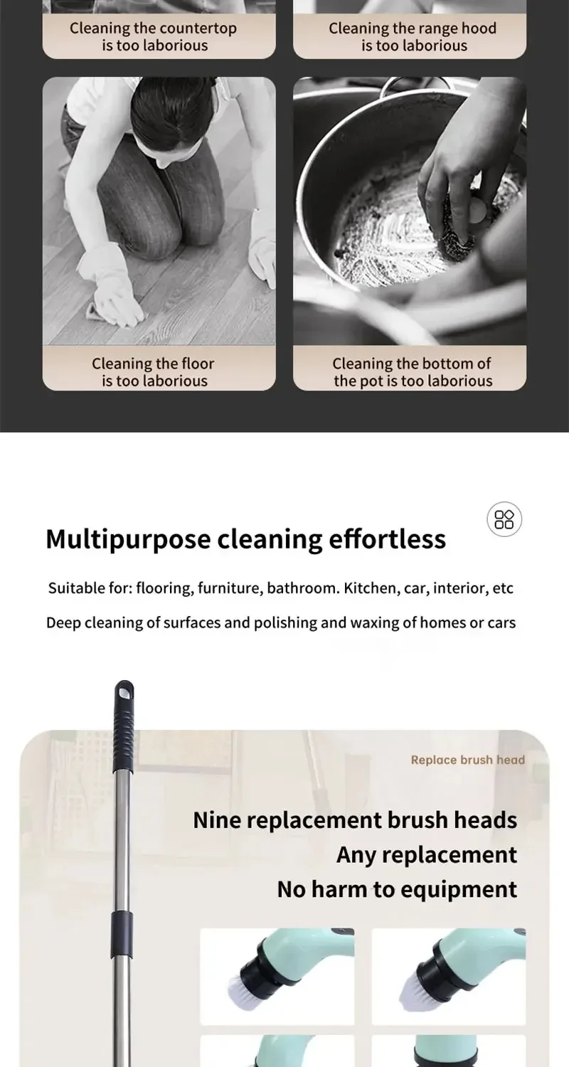 Cordless Multifunctional Electric Cleaning Brush - Spin Scrubber Portable Toilet Mop for Kitchen & Bathroom