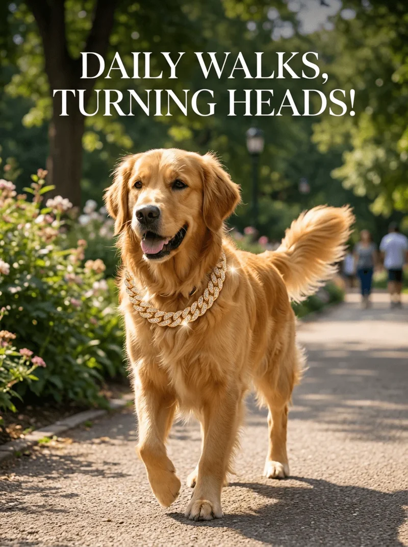 Luxury Hip Hop Dog Collar, Gold Tone Stainless Steel Cuban Chain, Durable Diamond Inlaid Pet Jewelry for Daily Walking