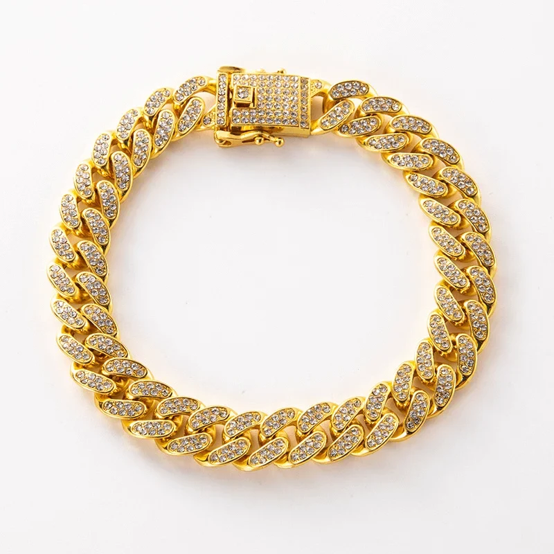Luxury Hip Hop Dog Collar, Gold Tone Stainless Steel Cuban Chain, Durable Diamond Inlaid Pet Jewelry for Daily Walking