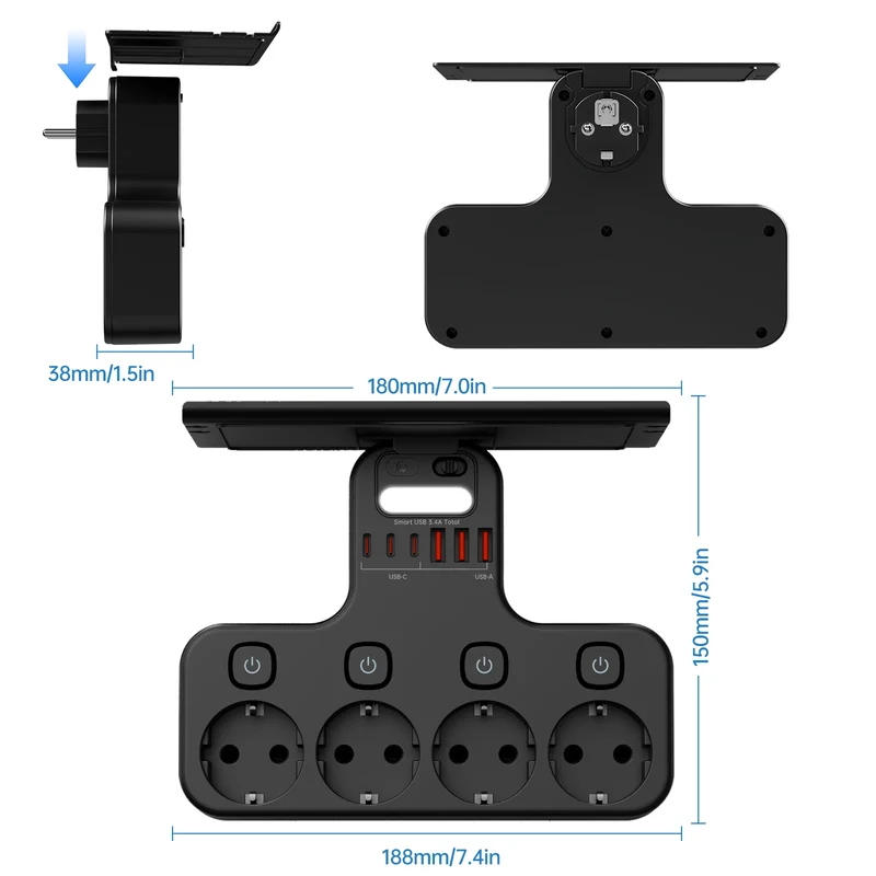 4000W EU Multifunction Socket Smart Night Light Individual Switch EU Plug 4 AC Power Strip with Phone Holder 2 USB-A 2 USB-C