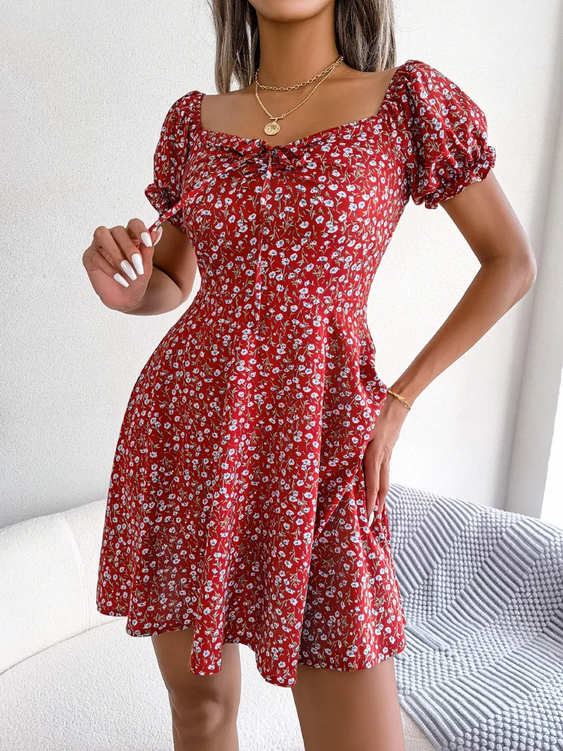 Women Casual Square Neck Flare Short Sleeve Floral Dress Elegant A Line Dress for Spring Summer 2026 Fashion Woman Clothing