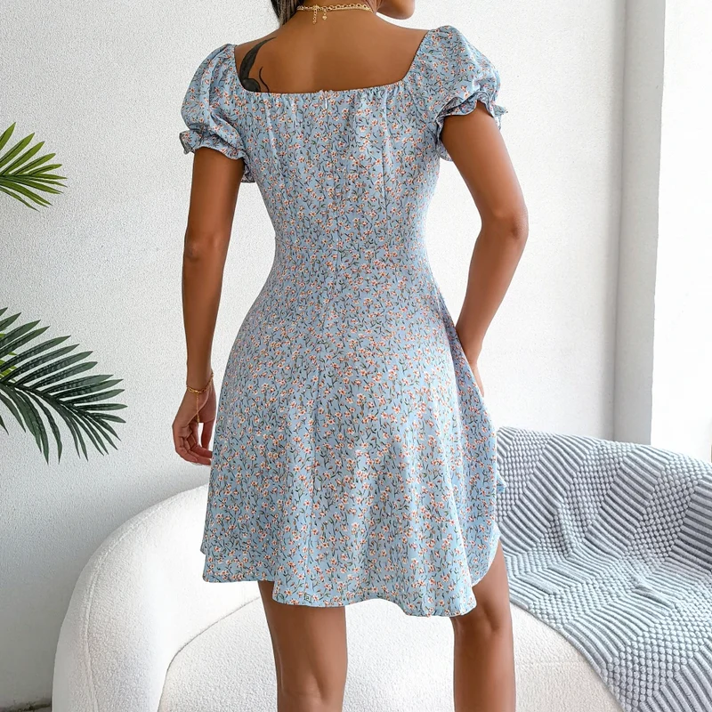 Women Casual Square Neck Flare Short Sleeve Floral Dress Elegant A Line Dress for Spring Summer 2026 Fashion Woman Clothing