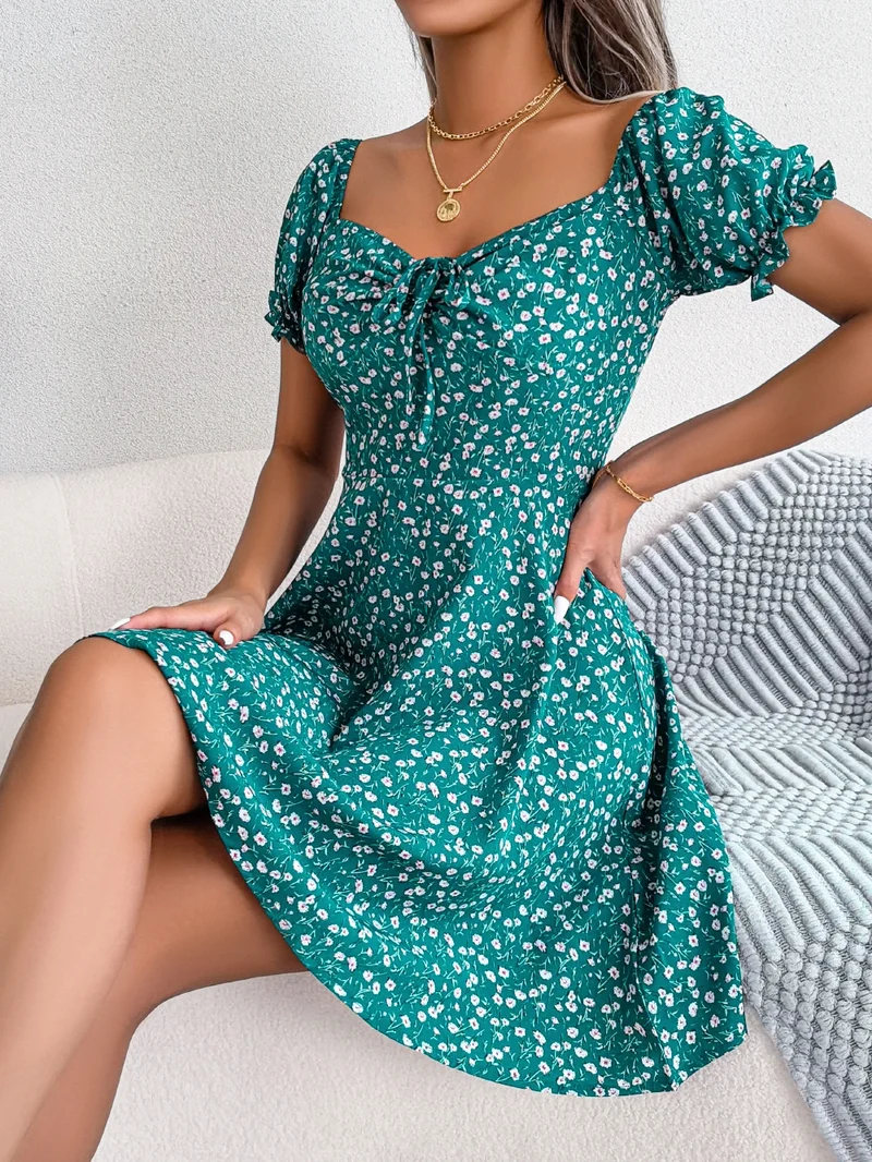 Women Casual Square Neck Flare Short Sleeve Floral Dress Elegant A Line Dress for Spring Summer 2026 Fashion Woman Clothing