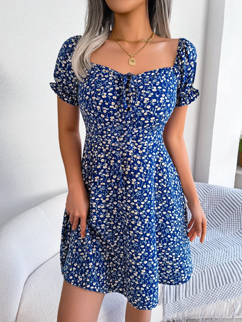 Women Casual Square Neck Flare Short Sleeve Floral Dress Elegant A Line Dress for Spring Summer 2026 Fashion Woman Clothing