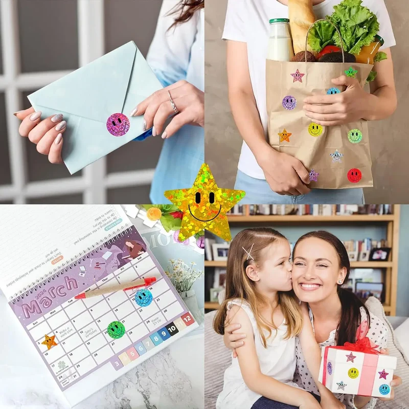 500 Pcs Smile Face Stickers Roll Laser Colorful Happy Face Sticker for Classroom Back to School Birthday Teacher Reward,1inch
