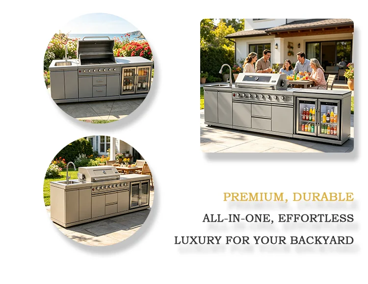 Stainless Steel Outdoor Kitchen With BBQ And Fridge With Grill Cooktop Sink Fridge Rolling Movable On Wheels For Backyard Patio