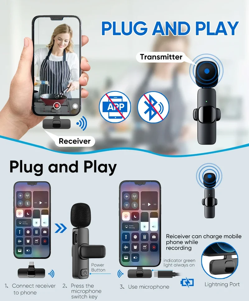 Lavalier Microphone 2.4G Wireless Portable Audio Video Recording Mini Mic for iPhone Android Live Broadcast Gaming Phone Mic