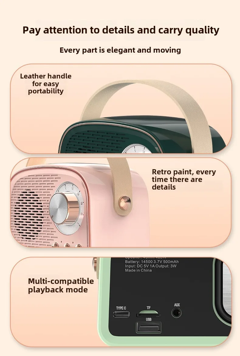 Retro Bluetooth-compatible Speaker Cute Mini Speaker with FM Radio Wireless Speaker with TWS Music Player Hifi Stereo TF USB