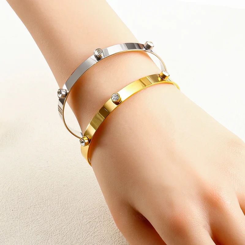 Fashion Simple Stainless Steel 3 Crystal Bracelet Bangle