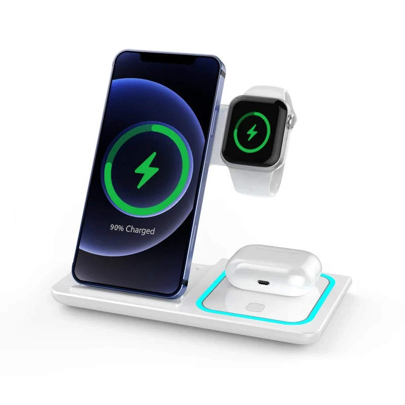 15w Fast Charging Multifunctional Chargers Station With Night Light 3 In1 Foldable Charger Mobile Phone Holder Watch Earphone
