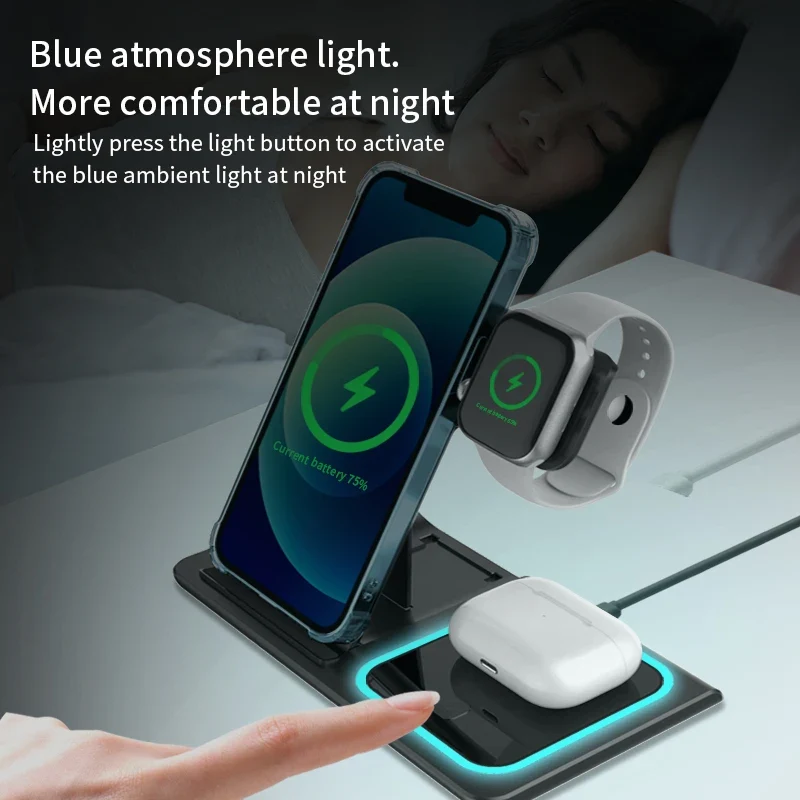 15w Fast Charging Multifunctional Chargers Station With Night Light 3 In1 Foldable Charger Mobile Phone Holder Watch Earphone