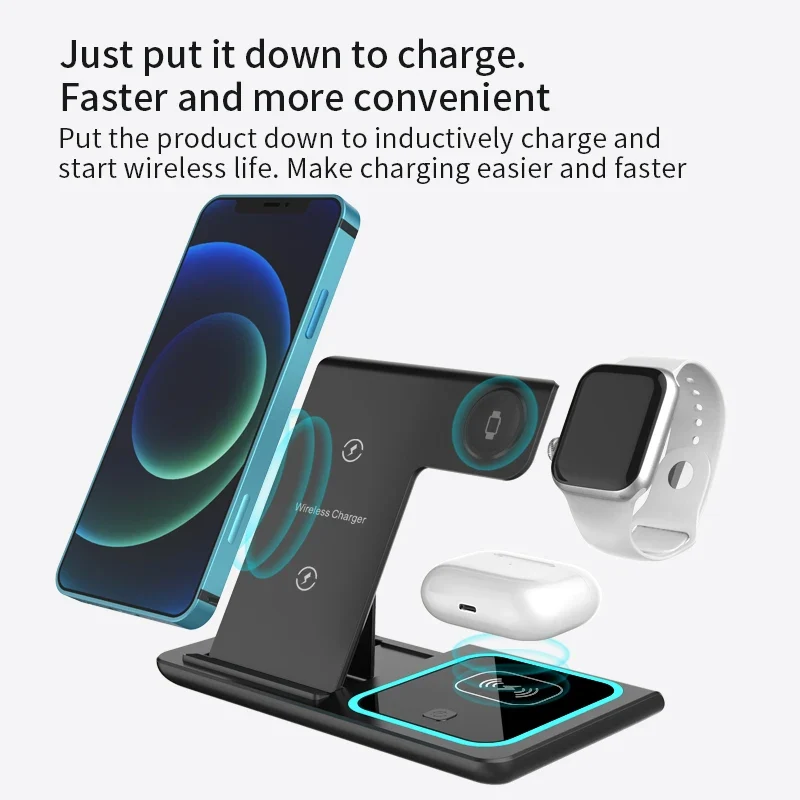 15w Fast Charging Multifunctional Chargers Station With Night Light 3 In1 Foldable Charger Mobile Phone Holder Watch Earphone