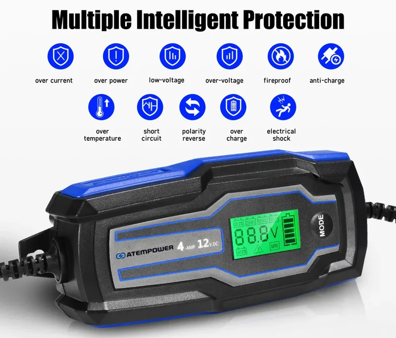 ATEM POWER 4A 6V/12V Smart AC to DC Battery Charger With LED Digital Display and EU Plug