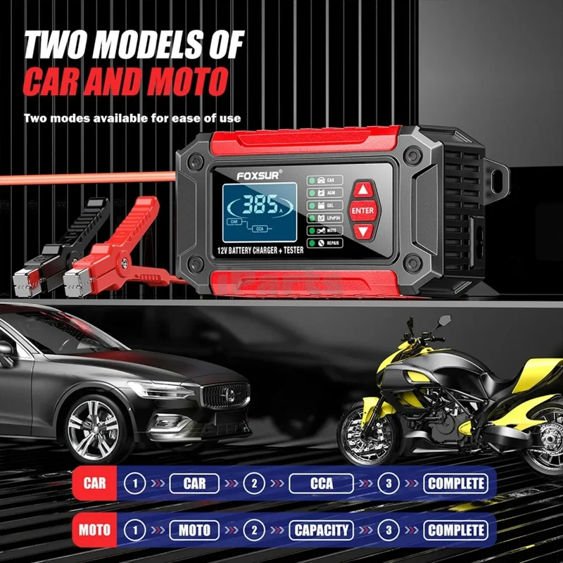 IParts Foxsur Car Battery Charger 12V 6A FTC-1206 Motorcycle Truck AGM LiFePO4 Lead Acid Batteries Maintainer Digital