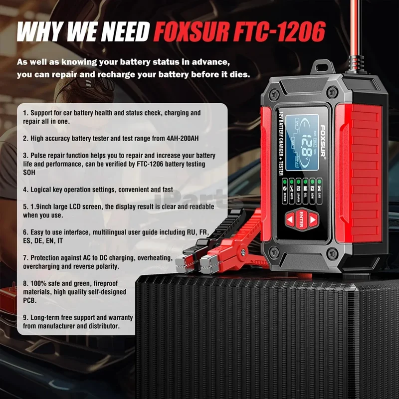 IParts Foxsur Car Battery Charger 12V 6A FTC-1206 Motorcycle Truck AGM LiFePO4 Lead Acid Batteries Maintainer Digital