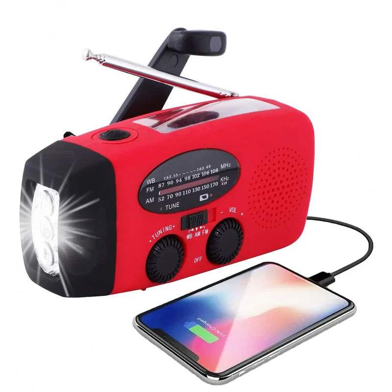 Solar Hand Crank NOAA Weather Radio Torch with Built-in Speaker AM/FM Screen USB Rechargeable 2000mAh Cell Phone Charger