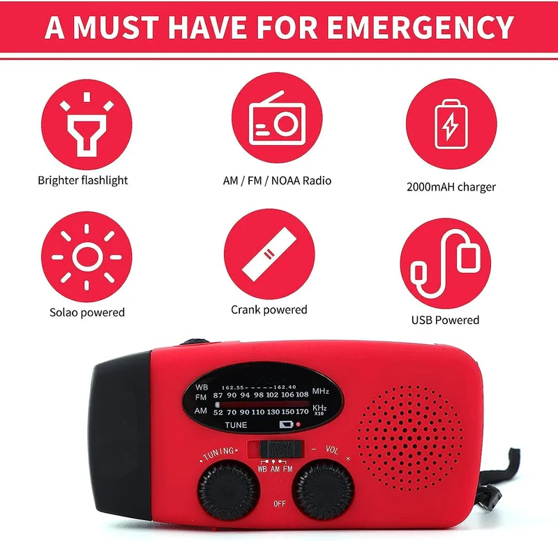 Solar Hand Crank NOAA Weather Radio Torch with Built-in Speaker AM/FM Screen USB Rechargeable 2000mAh Cell Phone Charger