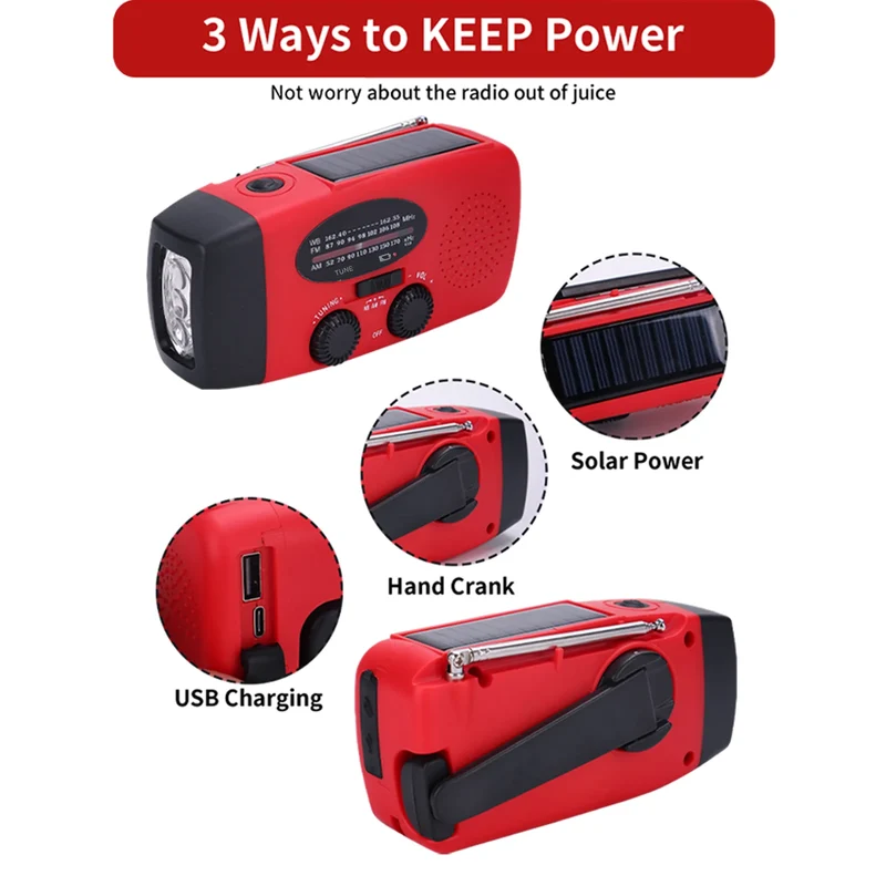 Solar Hand Crank NOAA Weather Radio Torch with Built-in Speaker AM/FM Screen USB Rechargeable 2000mAh Cell Phone Charger