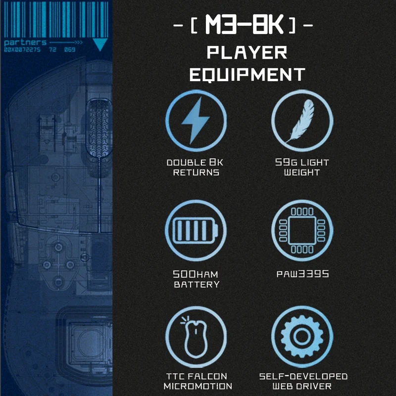 Darmoshark M3 Gaming Mouse Dual Mode 8K Wireless Tri-Mode PAW3395 Big Hand Macro Game Mouse 26000 DPI Lightweight Mice