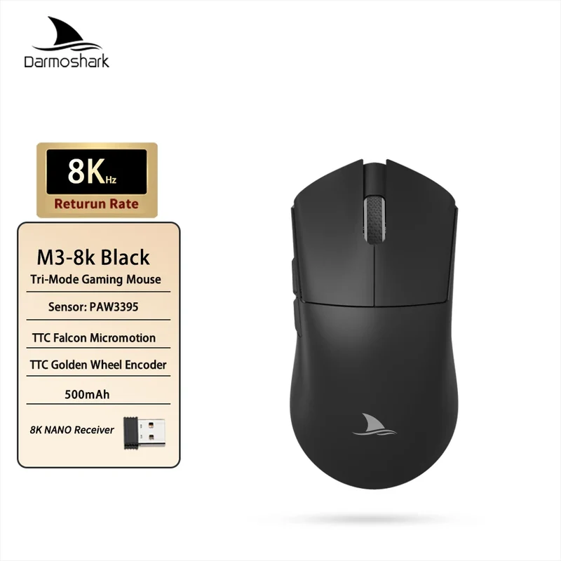 Darmoshark M3 Gaming Mouse Dual Mode 8K Wireless Tri-Mode PAW3395 Big Hand Macro Game Mouse 26000 DPI Lightweight Mice