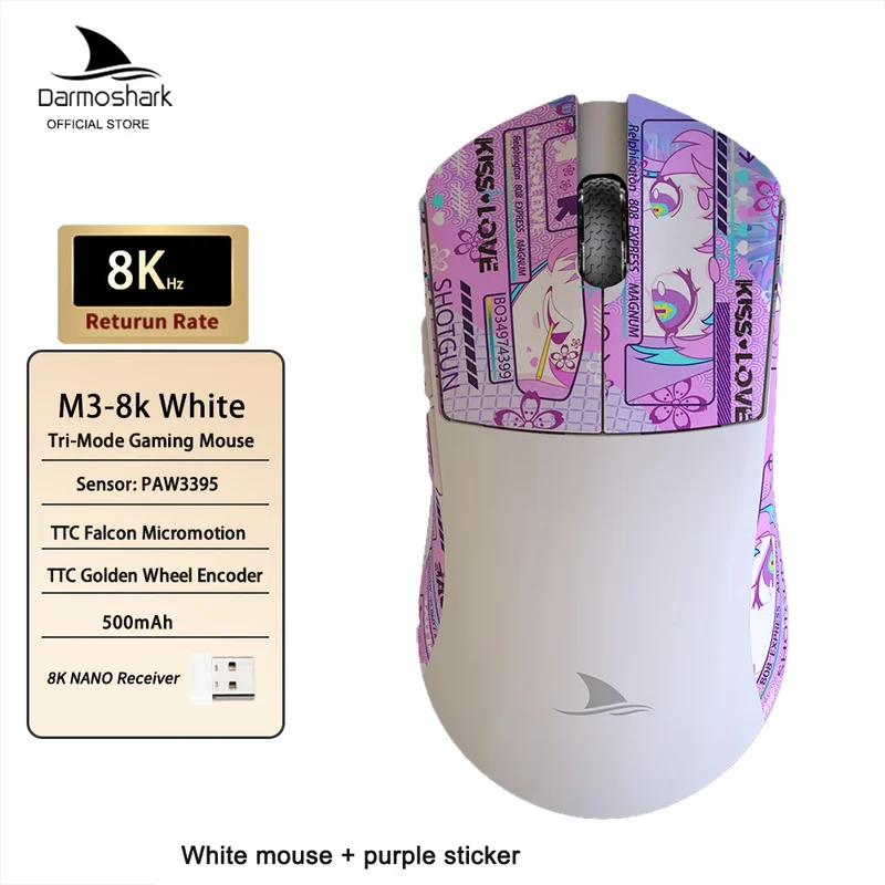 Darmoshark M3 Gaming Mouse Dual Mode 8K Wireless Tri-Mode PAW3395 Big Hand Macro Game Mouse 26000 DPI Lightweight Mice