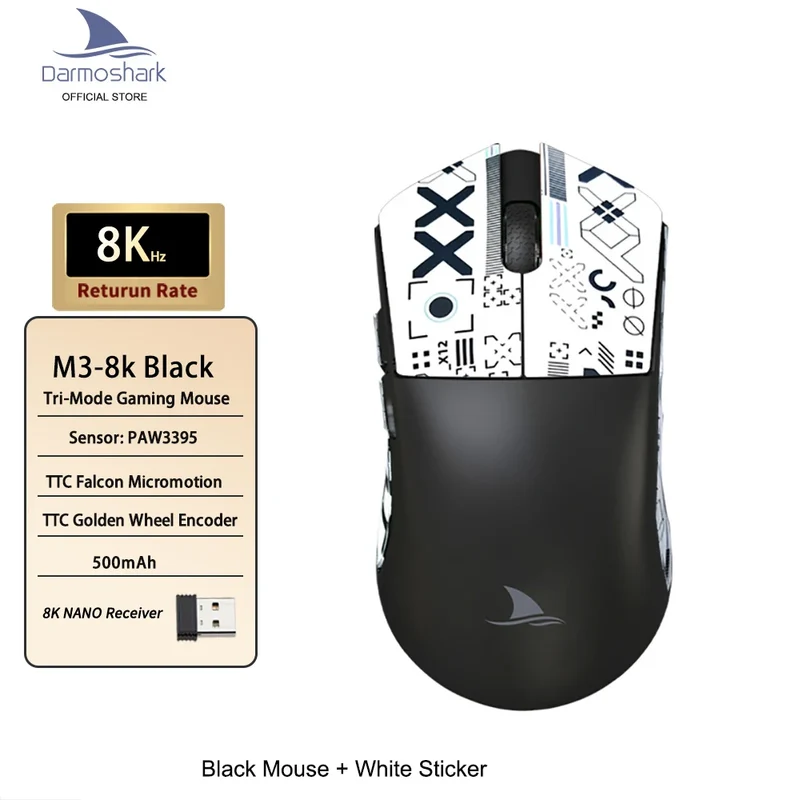 Darmoshark M3 Gaming Mouse Dual Mode 8K Wireless Tri-Mode PAW3395 Big Hand Macro Game Mouse 26000 DPI Lightweight Mice