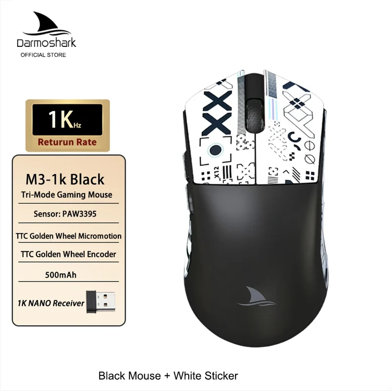 Darmoshark M3 Gaming Mouse Dual Mode 8K Wireless Tri-Mode PAW3395 Big Hand Macro Game Mouse 26000 DPI Lightweight Mice
