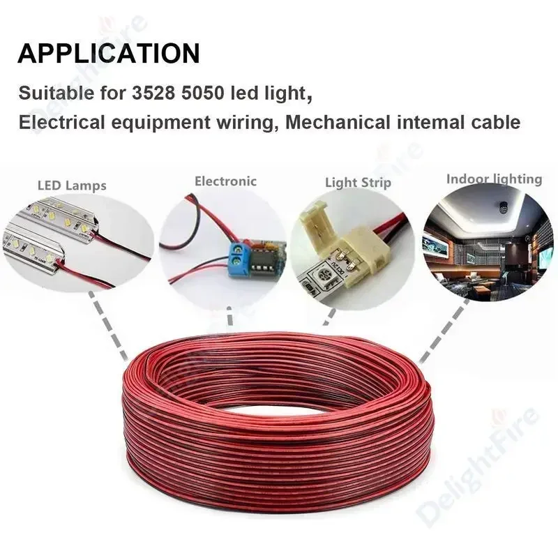 2 PIN Electrical Wire Tinned Copper PVC Insulated Red Black Cable For Single Color LED Strip Light Extension Wire 18/26/28 AWG