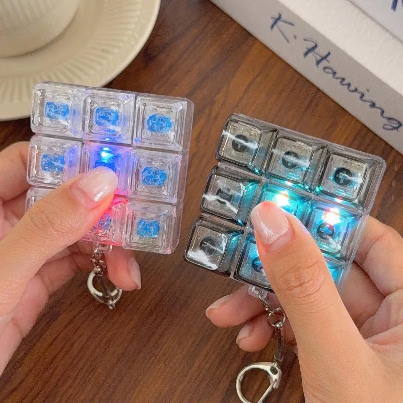 LED 9 Keys Keycap Keychains for Women Men Luminous Stress Relief Finger Pendants Fidget Keyboard Backpack Key Button Keyrings