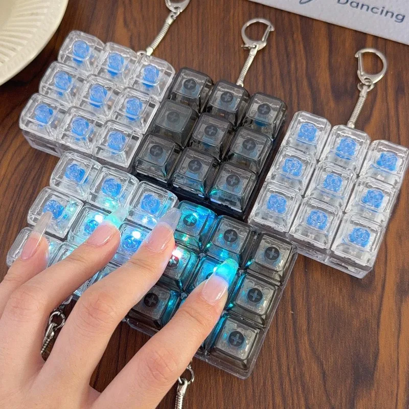 LED 9 Keys Keycap Keychains for Women Men Luminous Stress Relief Finger Pendants Fidget Keyboard Backpack Key Button Keyrings