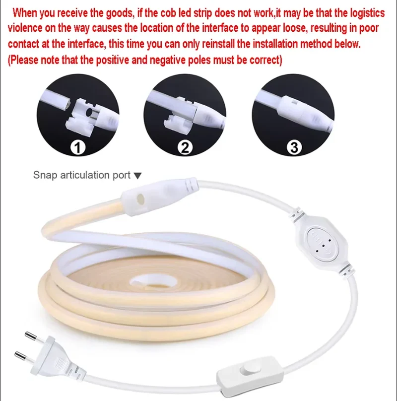 220V Super Bright COB LED Strip with Switch FOB Tape Ribbon European Standard Plug White Light Neon Lamp For Room Outdoor Garden