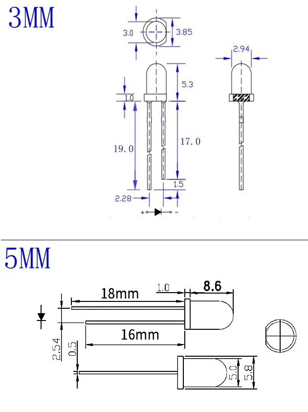 100PCS 3MM 5MM LED F3 F5 round super bright red, green, yellow, blue and white LED 20 each