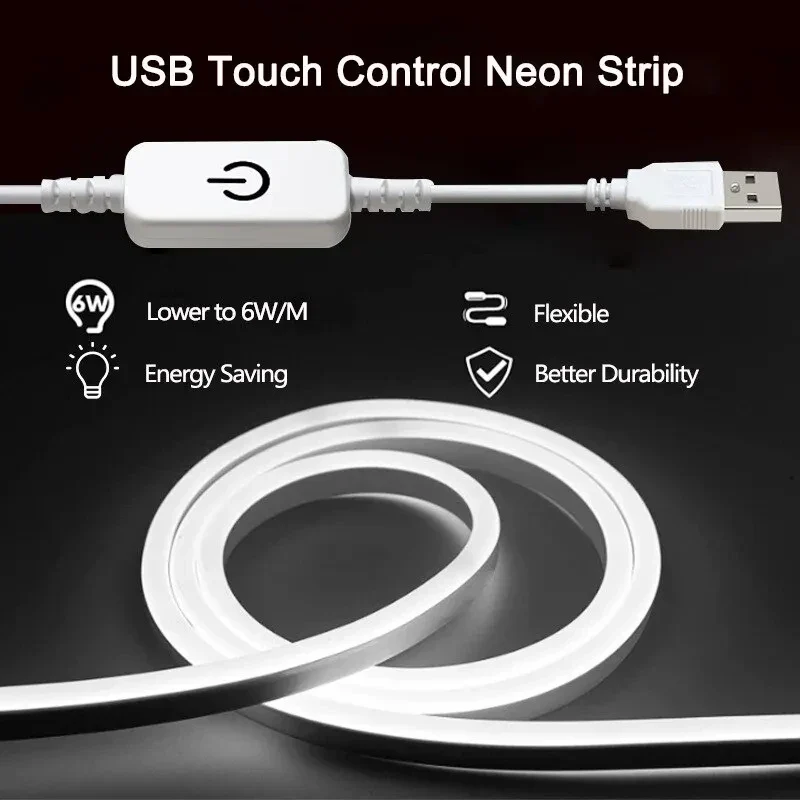USB 5V Neon LED Strip Light Smart Touch Sensor Dimmable Neon Sign Light Tape Waterproof Flexible Lighting Lamp For Room Decor