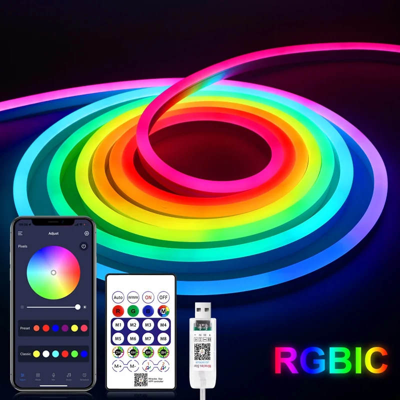 WS2812 RGBIC RGB LED Neon Light Strip,5V USB Waterproof Bluetooth Diode Neon Tape Ribbon with Remote for Room Ceiling Decoration