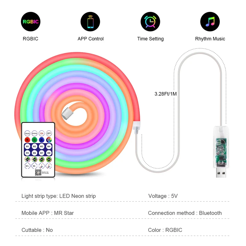WS2812 RGBIC RGB LED Neon Light Strip,5V USB Waterproof Bluetooth Diode Neon Tape Ribbon with Remote for Room Ceiling Decoration