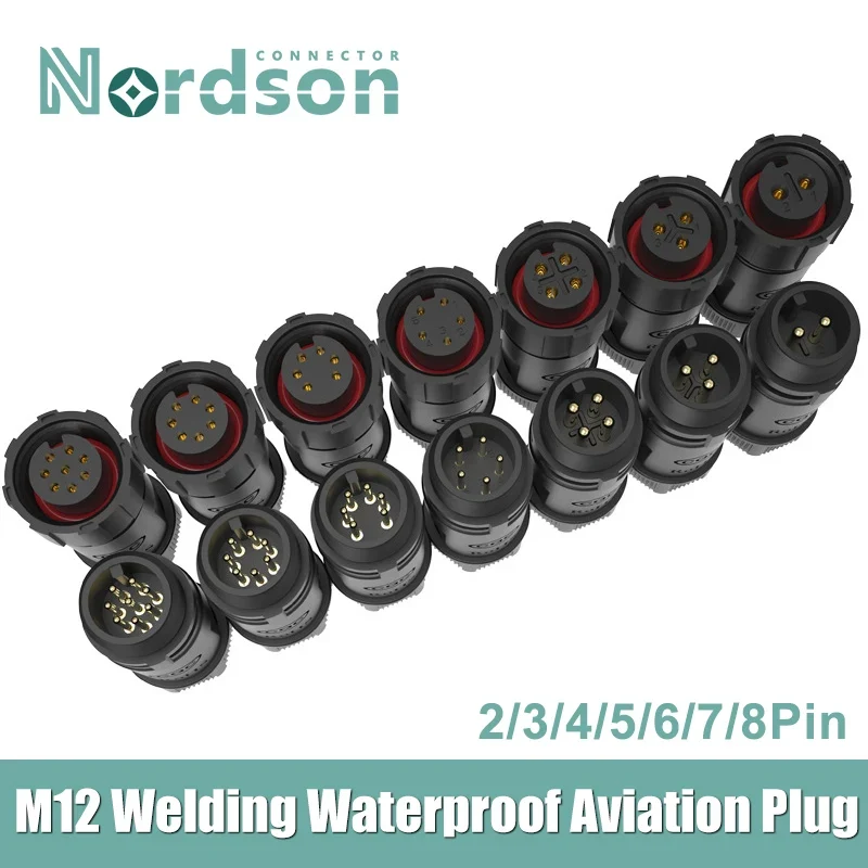 M12 Welded Connector Outdoor 2 3 4 5 6 7 8 Pin IP68 Waterproof Assembled Connector Joint Aviation Docking Male Female Plug