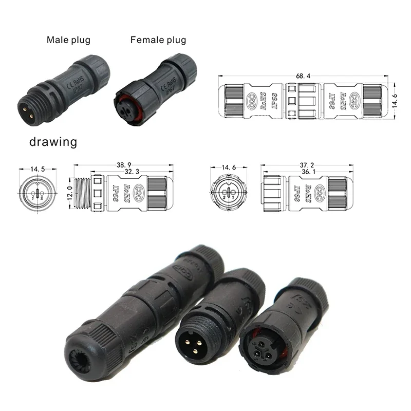 M12 Welded Connector Outdoor 2 3 4 5 6 7 8 Pin IP68 Waterproof Assembled Connector Joint Aviation Docking Male Female Plug