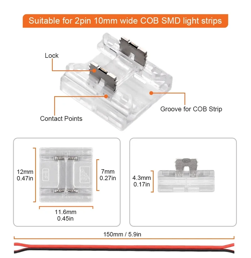 12pcs Solderless LED Connector Transparent 4 in 1 DIY Connectors with 15cm Wire For 2pin 8mm 10mm COB SMD LED Strip Lights
