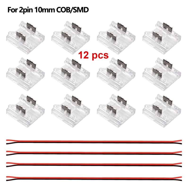 12pcs Solderless LED Connector Transparent 4 in 1 DIY Connectors with 15cm Wire For 2pin 8mm 10mm COB SMD LED Strip Lights