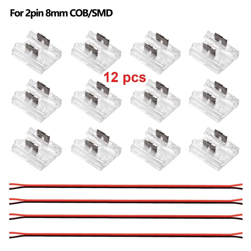 12pcs Solderless LED Connector Transparent 4 in 1 DIY Connectors with 15cm Wire For 2pin 8mm 10mm COB SMD LED Strip Lights