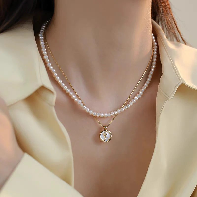 Natural Freshwater Non-nuclear Pearl Double Layer Overlapping Necklace Women's Mother-of-Fritillary Rose Pendant Gold Plated Sweet Light Luxury Set