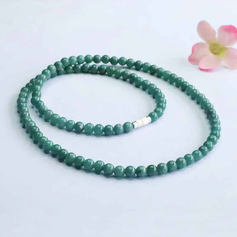 Guan Yu Natural Grade a Jade Necklace Blue Water Jade Round Bead Chain E-Commerce Live Broadcast Hot Sale Wholesale S5060601