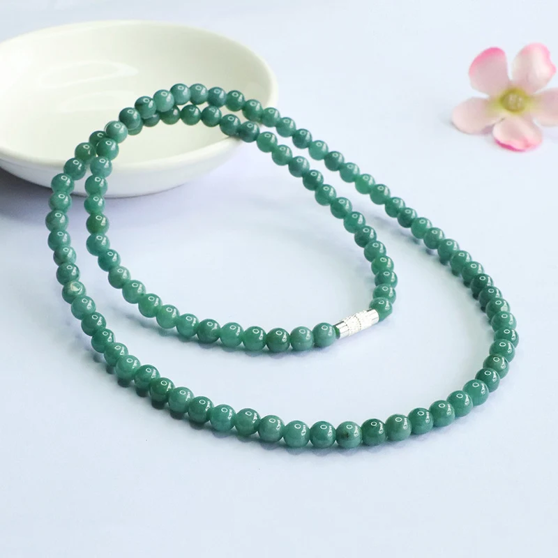 Guan Yu Natural Grade a Jade Necklace Blue Water Jade Round Bead Chain E-Commerce Live Broadcast Hot Sale Wholesale S5060601