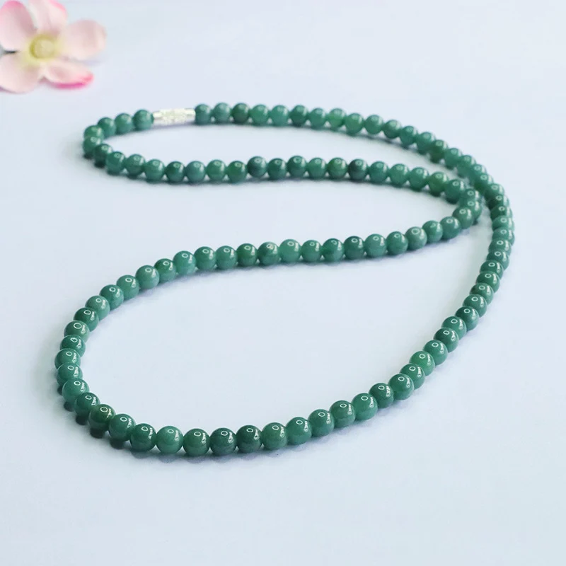 Guan Yu Natural Grade a Jade Necklace Blue Water Jade Round Bead Chain E-Commerce Live Broadcast Hot Sale Wholesale S5060601