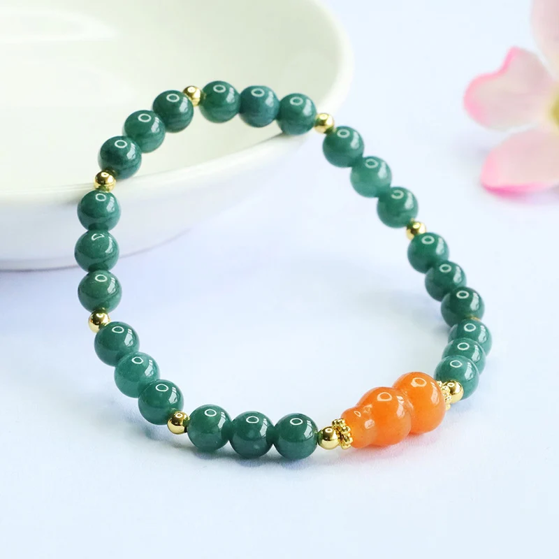 Guan Yu Natural Grade a Jadeite Blue Water Bracelet Golden Silk Jade Gourd Bracelet Live Broadcast Temple Wholesale S5070601