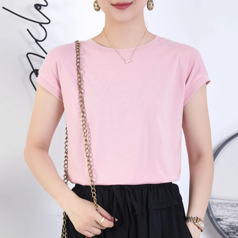 Tiktok batwing sleeve t-shirt women's round neck summer solid color simple small flying sleeve casual all-match loose short sleeve t-shirt women