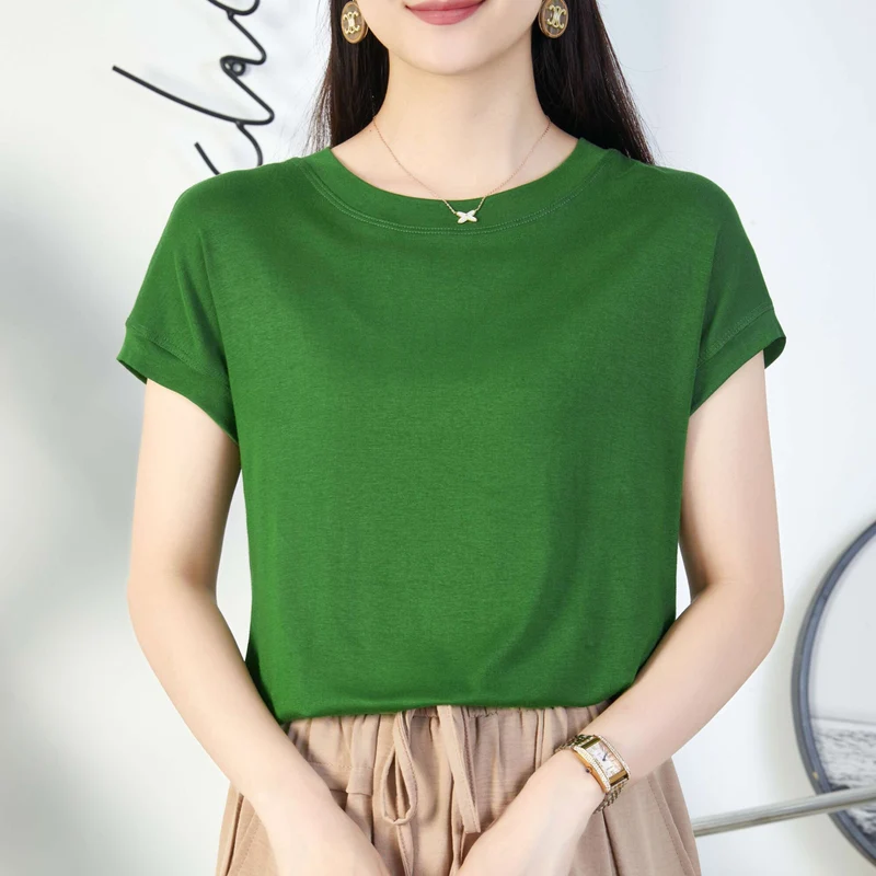 Tiktok batwing sleeve t-shirt women's round neck summer solid color simple small flying sleeve casual all-match loose short sleeve t-shirt women