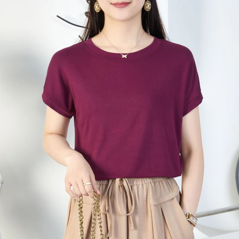 Tiktok batwing sleeve t-shirt women's round neck summer solid color simple small flying sleeve casual all-match loose short sleeve t-shirt women