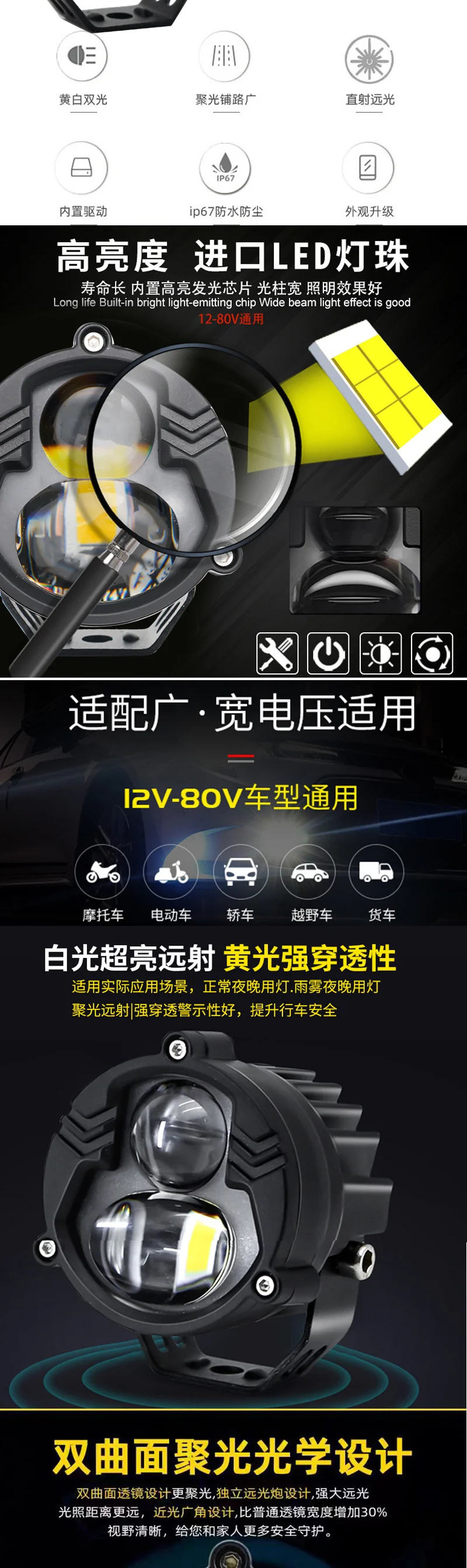 Cross-Border Exclusive U30 Led Laser Fog Light High Beam Motorcycle External Spotlight Wrangler Auxiliary Headlight