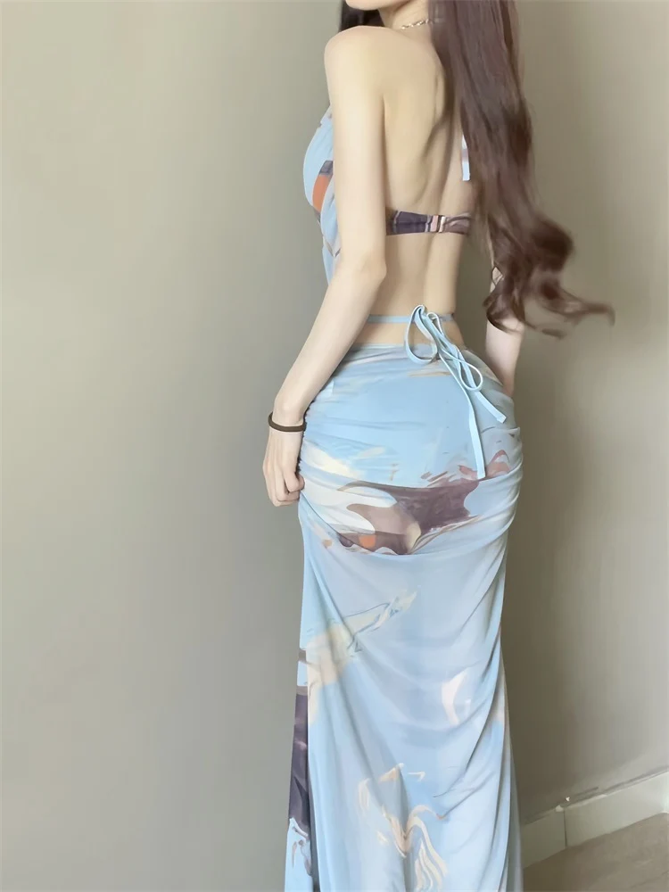 Hot Girl Bikini Swimsuit Female Three-Piece Seaside Vacation Long Skirt Small Breast Push-Up with Underwire Sexy Hot Spring Swimsuit